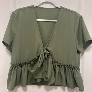 SHEIN VCAY Tie Front Frill Trim Green Blouse Size XL